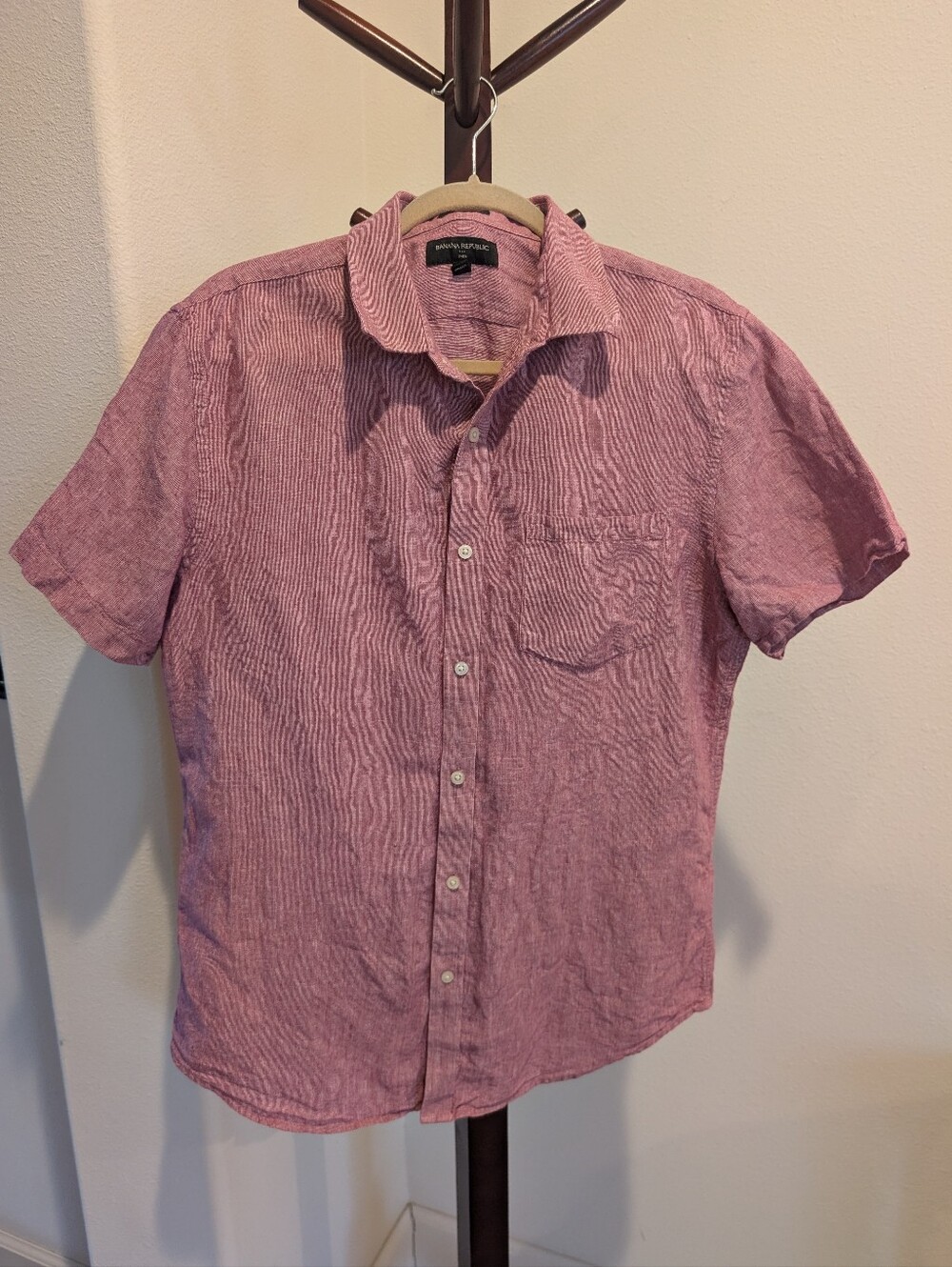 Banana Republic Linen Short-Sleeve Button-Down Shirt, Red Stripe, Size L, Slim